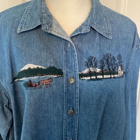 Bushwacker Denim Embroidered Shirt Winter Scene Size Medium - Picture 6 of 14
